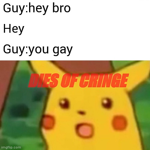 Surprised Pikachu Meme | Guy:hey bro; Hey; Guy:you gay; DIES OF CRINGE | image tagged in memes,surprised pikachu | made w/ Imgflip meme maker