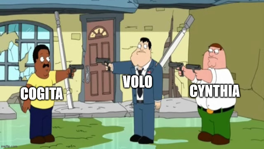 Cogita VS Volo VS Cynthia | VOLO; CYNTHIA; COGITA | image tagged in cleveland vs stan vs peter,memes,pokemon | made w/ Imgflip meme maker
