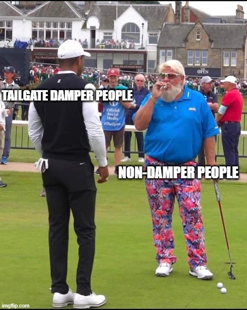 Ranger Tailgate Damper | TAILGATE DAMPER PEOPLE; NON-DAMPER PEOPLE | image tagged in john daly and tiger woods | made w/ Imgflip meme maker