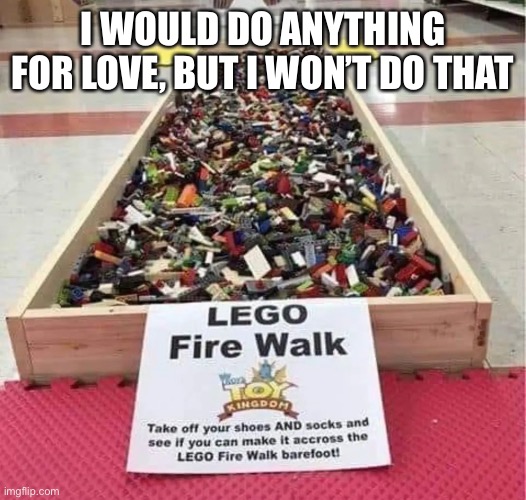 Now I know what Meat Loaf was singing about |  I WOULD DO ANYTHING FOR LOVE, BUT I WON’T DO THAT | image tagged in lego,stepping on a lego | made w/ Imgflip meme maker