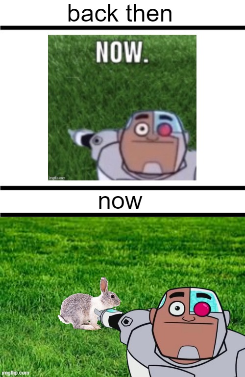 cyborg needs to tauching rebbit | back then; now | image tagged in back then now,memes | made w/ Imgflip meme maker