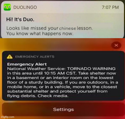 Uh oh | image tagged in duolingo,tornado | made w/ Imgflip meme maker