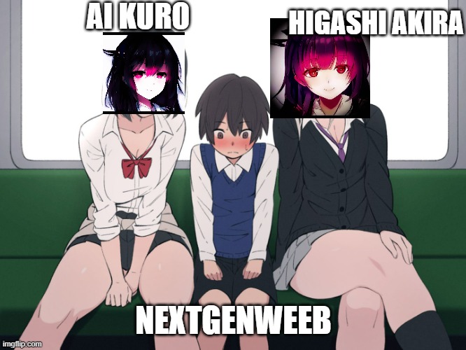 Shy Weeb | AI KURO; HIGASHI AKIRA; NEXTGENWEEB | image tagged in anime women on train,nextgenweebs,nextgenwaifus | made w/ Imgflip meme maker