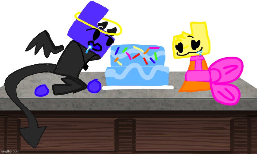 Udnor and Blobda staring down at a cake | image tagged in udnor and blobda staring down at a cake | made w/ Imgflip meme maker