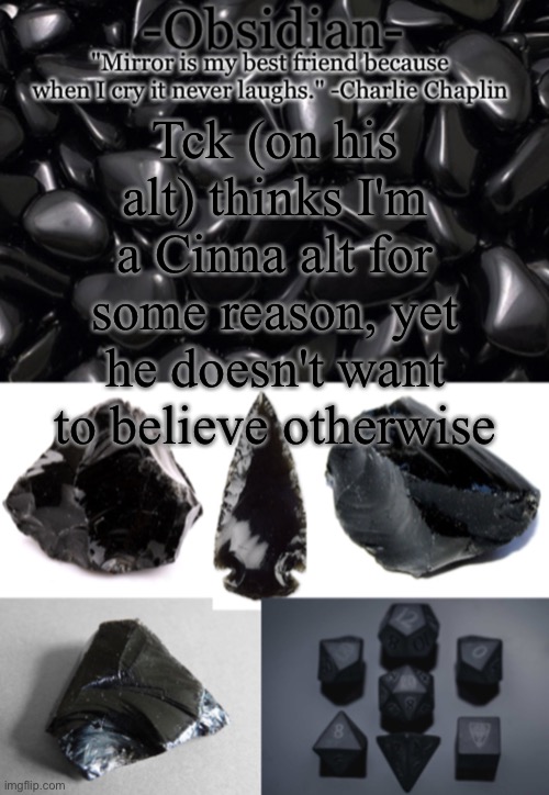 Obsidian | Tck (on his alt) thinks I'm a Cinna alt for some reason, yet he doesn't want to believe otherwise | image tagged in obsidian | made w/ Imgflip meme maker