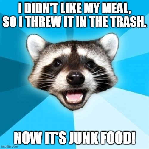 Horrible Meal | I DIDN'T LIKE MY MEAL, SO I THREW IT IN THE TRASH. NOW IT'S JUNK FOOD! | image tagged in memes,lame pun coon,food,meals | made w/ Imgflip meme maker