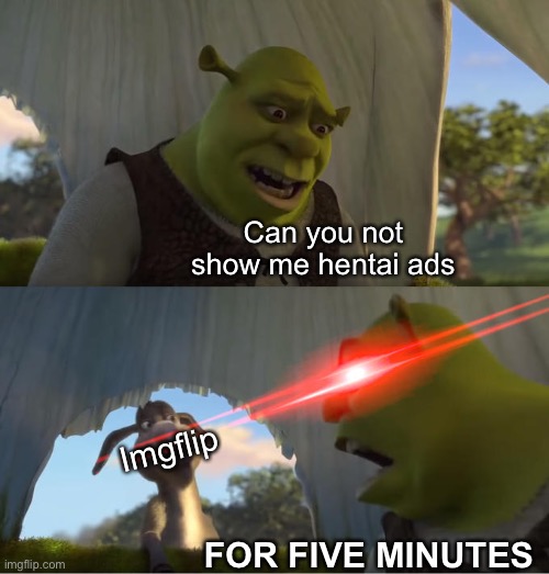 DUDE SOMEBODY STOP THEM | Can you not show me hentai ads; Imgflip; FOR FIVE MINUTES | image tagged in shrek for five minutes,funny,memes,meanwhile on imgflip,ads,stop | made w/ Imgflip meme maker