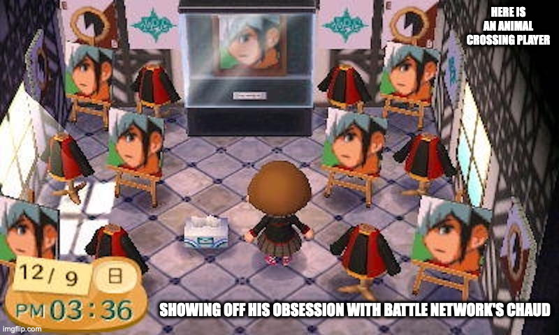 Chaud Fan in Animal Crossing | HERE IS AN ANIMAL CROSSING PLAYER; SHOWING OFF HIS OBSESSION WITH BATTLE NETWORK'S CHAUD | image tagged in animal crossing,gaming,megaman,megaman battle network,memes | made w/ Imgflip meme maker