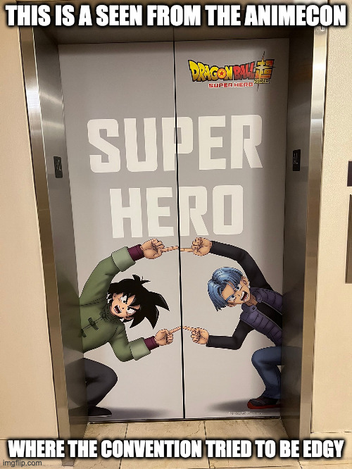 Decorated Elevator Door | THIS IS A SEEN FROM THE ANIMECON; WHERE THE CONVENTION TRIED TO BE EDGY | image tagged in dragon ball z,animecon,elevator,memes | made w/ Imgflip meme maker