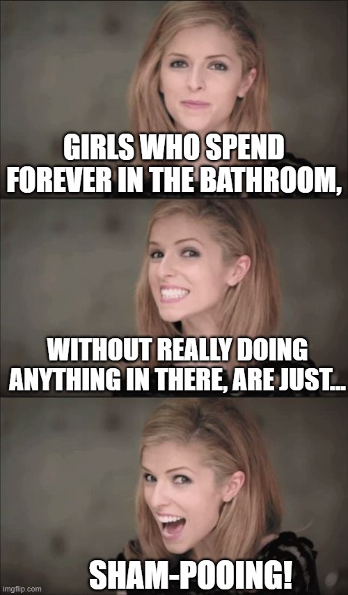 You Know, It's Bad 6 | GIRLS WHO SPEND FOREVER IN THE BATHROOM, WITHOUT REALLY DOING ANYTHING IN THERE, ARE JUST... SHAM-POOING! | image tagged in memes,bad pun anna kendrick,pooping,bathroom humor,bad puns,girls poop too | made w/ Imgflip meme maker