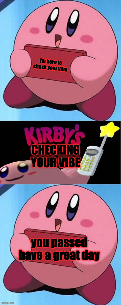 im here to check your vibe; CHECKING YOUR VIBE; you passed have a great day | image tagged in kirby holding a sign,kirby's calling the police | made w/ Imgflip meme maker
