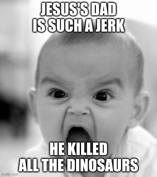 Angry Baby | JESUS'S DAD IS SUCH A JERK; HE KILLED ALL THE DINOSAURS | image tagged in memes,angry baby,funny | made w/ Imgflip meme maker