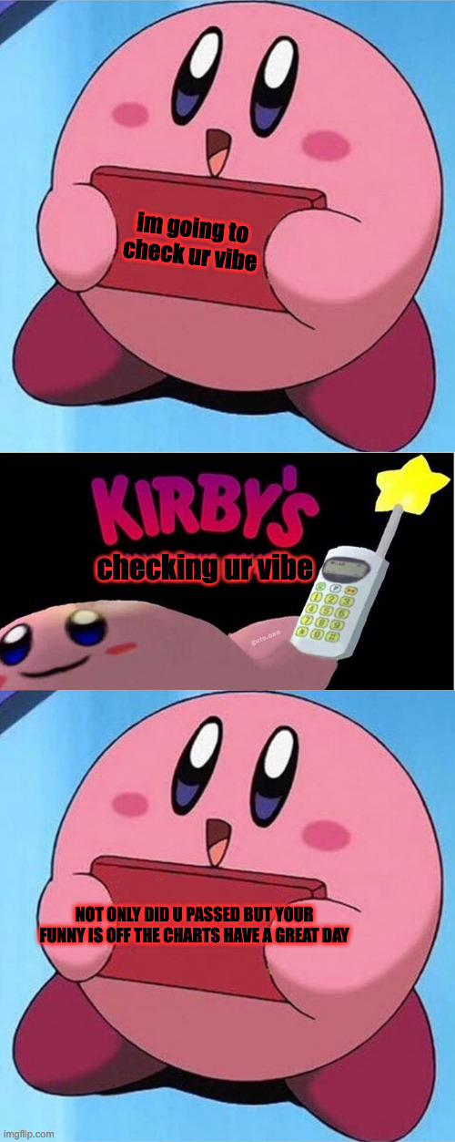 im going to check ur vibe checking ur vibe NOT ONLY DID U PASSED BUT YOUR FUNNY IS OFF THE CHARTS HAVE A GREAT DAY | image tagged in kirby holding a sign,kirby's calling the police | made w/ Imgflip meme maker