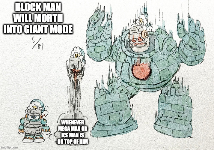 Ice Man and Block Man | BLOCK MAN WILL MORTH INTO GIANT MODE; WHENEVER MEGA MAN OR ICE MAN IS ON TOP OF HIM | image tagged in iceman,blockman,megaman,memes | made w/ Imgflip meme maker