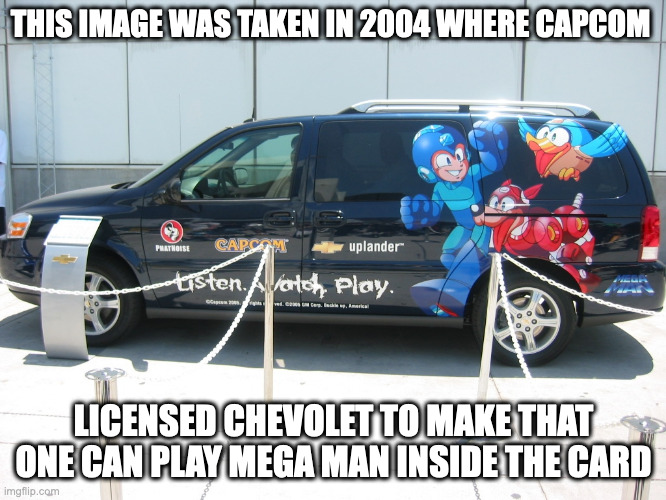 Capcom-Licensed Car | THIS IMAGE WAS TAKEN IN 2004 WHERE CAPCOM; LICENSED CHEVOLET TO MAKE THAT ONE CAN PLAY MEGA MAN INSIDE THE CARD | image tagged in cars,megaman,memes | made w/ Imgflip meme maker