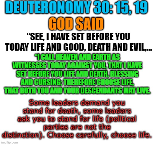 The Great Reset and Build Back Better intend starvation, death and your complete submission to the elites | DEUTERONOMY 30: 15, 19; GOD SAID; “SEE, I HAVE SET BEFORE YOU TODAY LIFE AND GOOD, DEATH AND EVIL,... “I CALL HEAVEN AND EARTH AS WITNESSES TODAY AGAINST YOU, THAT I HAVE SET BEFORE YOU LIFE AND DEATH, BLESSING AND CURSING; THEREFORE CHOOSE LIFE, THAT BOTH YOU AND YOUR DESCENDANTS MAY LIVE. Some leaders demand you stand for death, some leaders ask you to stand for life (political parties are not the distinction). Choose carefully, choose life. | image tagged in blank white template | made w/ Imgflip meme maker