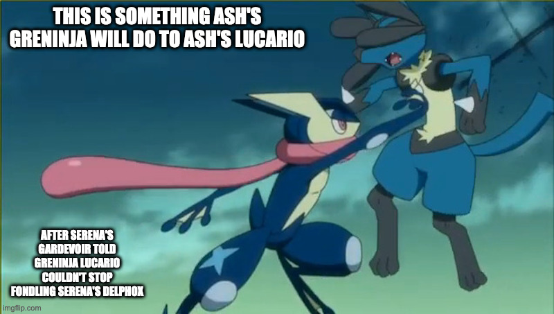 Greninja Punches Lucario | THIS IS SOMETHING ASH'S GRENINJA WILL DO TO ASH'S LUCARIO; AFTER SERENA'S GARDEVOIR TOLD GRENINJA LUCARIO COULDN'T STOP FONDLING SERENA'S DELPHOX | image tagged in greninja,lucario,pokemon,memes | made w/ Imgflip meme maker