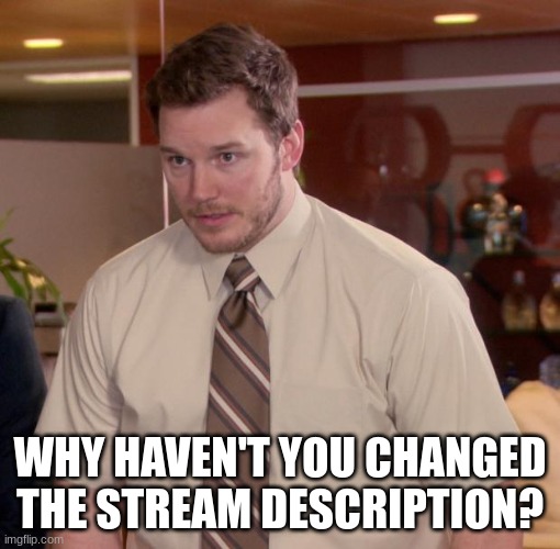 At this point im too afraid to ask | WHY HAVEN'T YOU CHANGED THE STREAM DESCRIPTION? | image tagged in at this point im too afraid to ask | made w/ Imgflip meme maker