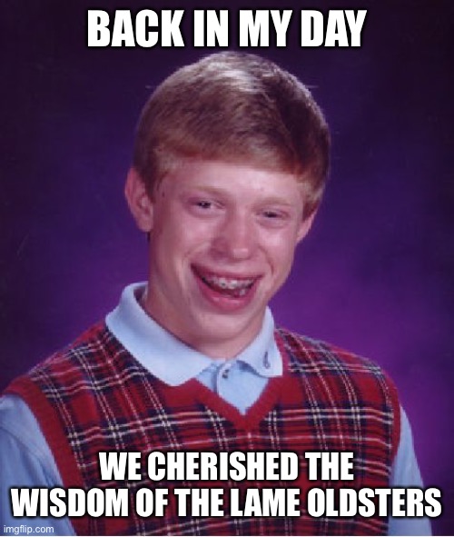 Bad Luck Brian Meme | BACK IN MY DAY WE CHERISHED THE WISDOM OF THE LAME OLDSTERS | image tagged in memes,bad luck brian | made w/ Imgflip meme maker