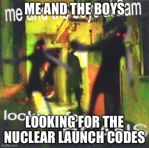 Me and the boys at 2am looking for BEANS |  ME AND THE BOYS; LOOKING FOR THE NUCLEAR LAUNCH CODES | image tagged in me and the boys | made w/ Imgflip meme maker
