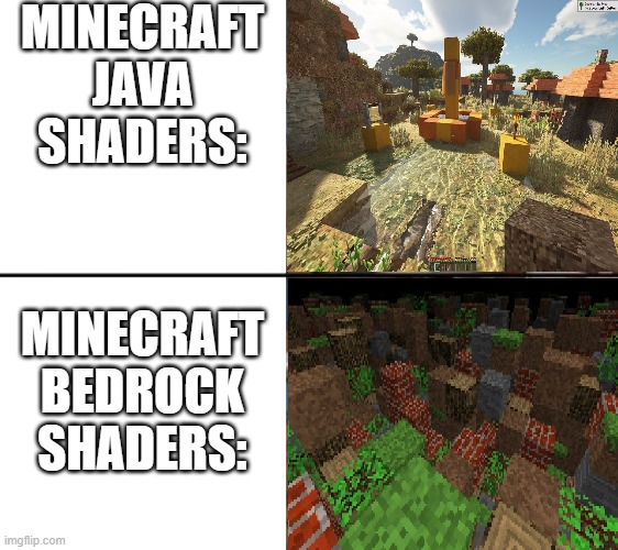 Minecraft be like: |  MINECRAFT JAVA SHADERS:; MINECRAFT BEDROCK SHADERS: | image tagged in surprised joey | made w/ Imgflip meme maker