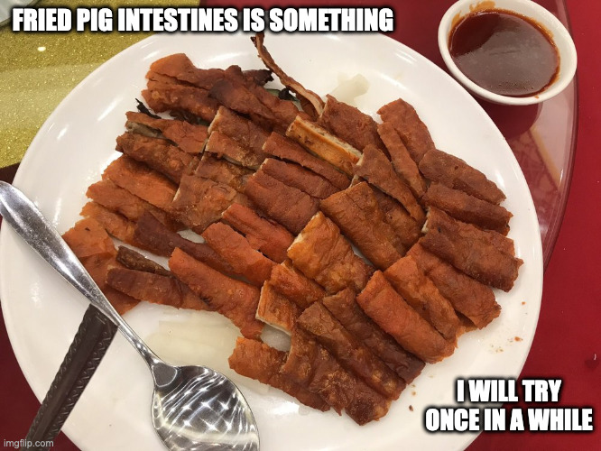 Fried Pig Intestines | FRIED PIG INTESTINES IS SOMETHING; I WILL TRY ONCE IN A WHILE | image tagged in offal,memes,food | made w/ Imgflip meme maker