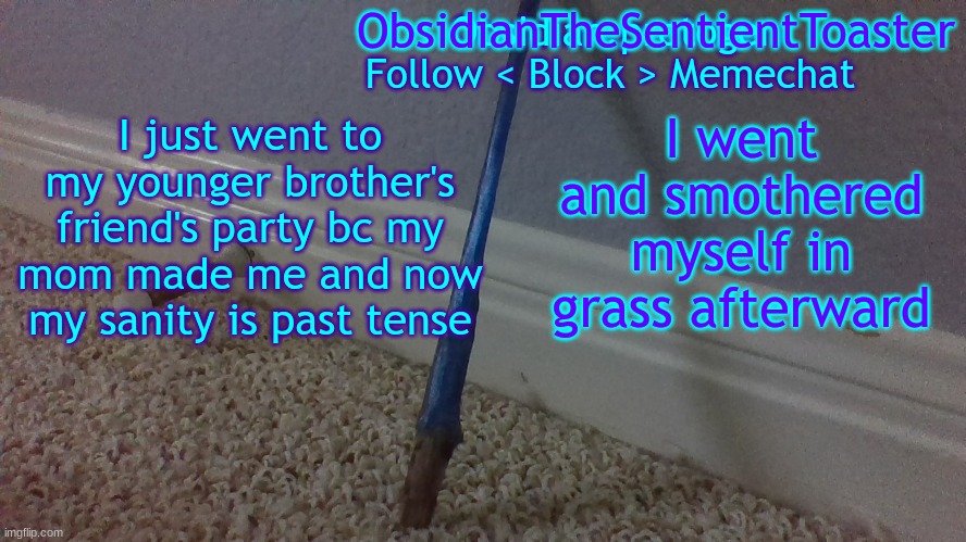 Temp 2.2 | I went and smothered myself in grass afterward; I just went to my younger brother's friend's party bc my mom made me and now my sanity is past tense | image tagged in temp 2 2 | made w/ Imgflip meme maker