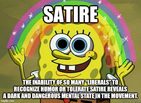 Liberals have no self awareness... | THE INABILITY OF SO MANY “LIBERALS” TO RECOGNIZE HUMOR OR TOLERATE SATIRE REVEALS A DARK AND DANGEROUS MENTAL STATE IN THE MOVEMENT. | image tagged in triggered liberal | made w/ Imgflip meme maker