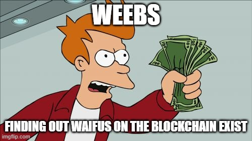 Shut Up And Take My Money Fry | WEEBS; FINDING OUT WAIFUS ON THE BLOCKCHAIN EXIST | image tagged in memes,shut up and take my money fry,nextgenwaifus,nextgenweebs | made w/ Imgflip meme maker
