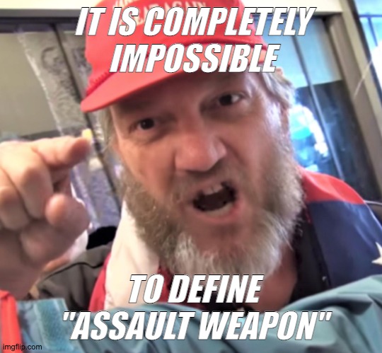 ANGRY TRUMP SUPPORTER | IT IS COMPLETELY IMPOSSIBLE TO DEFINE "ASSAULT WEAPON" | image tagged in angry trump supporter | made w/ Imgflip meme maker