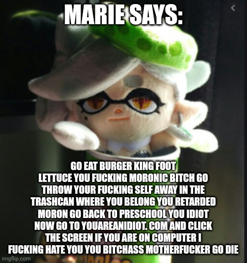 Marie pringles | MARIE SAYS: GO EAT BURGER KING FOOT LETTUCE YOU FUCKING MORONIC BITCH GO THROW YOUR FUCKING SELF AWAY IN THE TRASHCAN WHERE YOU BELONG YOU R | image tagged in marie pringles | made w/ Imgflip meme maker