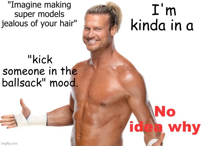 Dolph Ziggler announcement template | I'm kinda in a; "kick someone in the ballsack" mood. No idea why | image tagged in dolph ziggler announcement template | made w/ Imgflip meme maker
