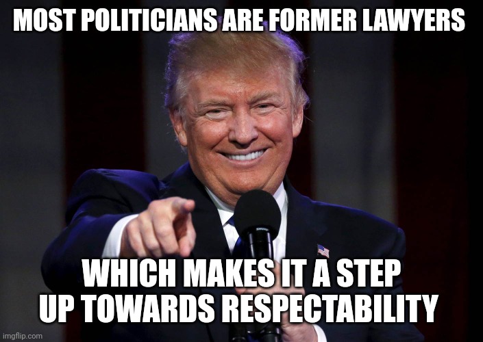 Trump laughing at haters | MOST POLITICIANS ARE FORMER LAWYERS WHICH MAKES IT A STEP UP TOWARDS RESPECTABILITY | image tagged in trump laughing at haters | made w/ Imgflip meme maker