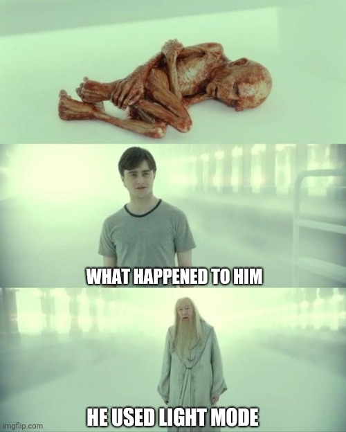 Dead Baby Voldemort / What Happened To Him | WHAT HAPPENED TO HIM; HE USED LIGHT MODE | image tagged in dead baby voldemort / what happened to him | made w/ Imgflip meme maker