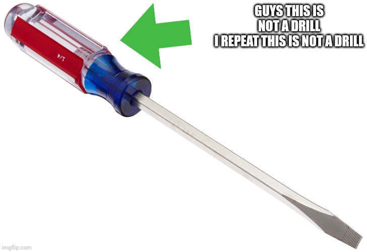 Screwdriver | GUYS THIS IS NOT A DRILL
I REPEAT THIS IS NOT A DRILL | image tagged in screwdriver | made w/ Imgflip meme maker