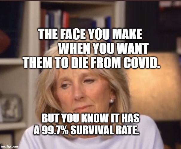 Jill Biden meme | THE FACE YOU MAKE            WHEN YOU WANT THEM TO DIE FROM COVID. BUT YOU KNOW IT HAS A 99.7% SURVIVAL RATE. | image tagged in jill biden meme | made w/ Imgflip meme maker