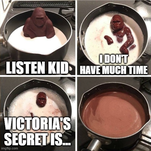 it was founded by a dude | LISTEN KID; I DON'T HAVE MUCH TIME; VICTORIA'S SECRET IS... | image tagged in chocolate gorilla,victoria's secret | made w/ Imgflip meme maker