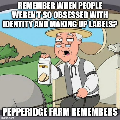 Pepperidge Farm Remembers Meme | REMEMBER WHEN PEOPLE WEREN'T SO OBSESSED WITH IDENTITY AND MAKING UP LABELS? PEPPERIDGE FARM REMEMBERS | image tagged in memes,pepperidge farm remembers | made w/ Imgflip meme maker