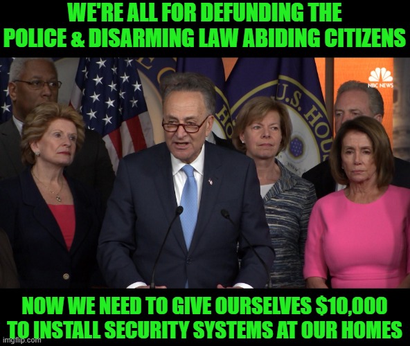 Yes, rules for ye, not for me... | WE'RE ALL FOR DEFUNDING THE POLICE & DISARMING LAW ABIDING CITIZENS; NOW WE NEED TO GIVE OURSELVES $10,000 TO INSTALL SECURITY SYSTEMS AT OUR HOMES | image tagged in democrat congressmen,hypocrisy | made w/ Imgflip meme maker