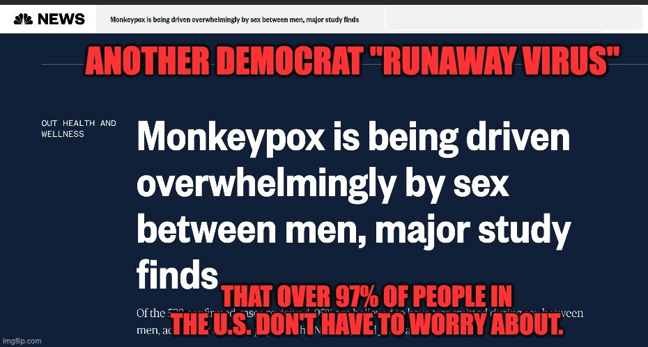 ANOTHER DEMOCRAT "RUNAWAY VIRUS"; THAT OVER 97% OF PEOPLE IN THE U.S. DON'T HAVE TO WORRY ABOUT. | image tagged in monkey pox,schlong covid | made w/ Imgflip meme maker
