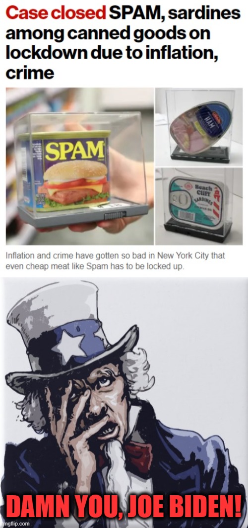 It's come to this: anti-theft security boxes for meat products | DAMN YOU, JOE BIDEN! | image tagged in memes,joe biden,inflation,crime,security boxes,meats | made w/ Imgflip meme maker