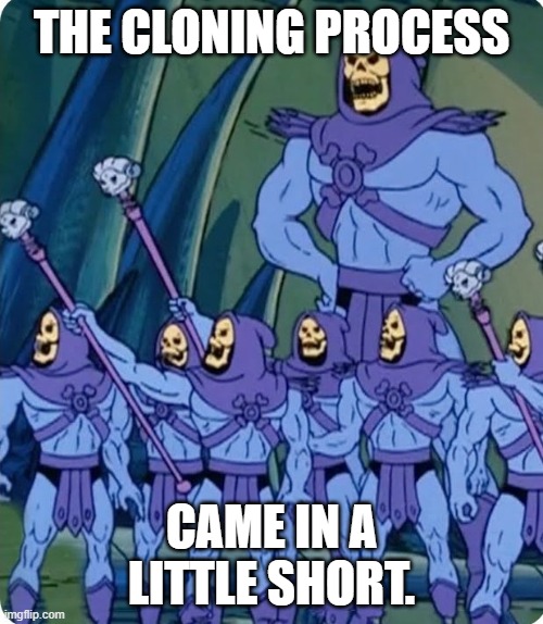 Skeletor | THE CLONING PROCESS; CAME IN A LITTLE SHORT. | image tagged in skeletor | made w/ Imgflip meme maker