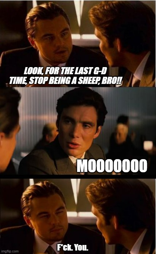 Inception |  LOOK, FOR THE LAST G-D TIME, STOP BEING A SHEEP, BRO!! MOOOOOOO; F*ck. You. | image tagged in memes,inception | made w/ Imgflip meme maker