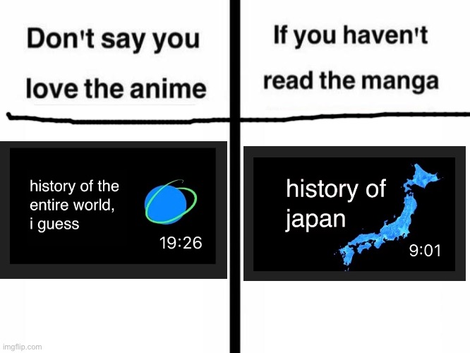 Don't Say You Love the Anime If You Haven't Read the Manga Templ | image tagged in don't say you love the anime if you haven't read the manga templ,japan,bill wurtz,anime,manga | made w/ Imgflip meme maker