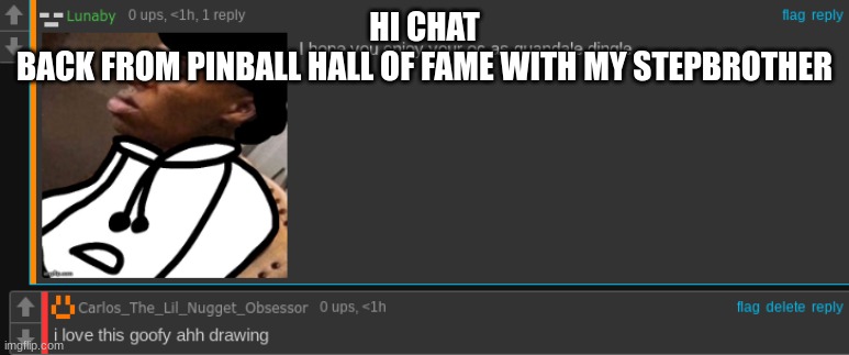 carlos or something gets quandaled | HI CHAT
BACK FROM PINBALL HALL OF FAME WITH MY STEPBROTHER | image tagged in carlos or something gets quandaled | made w/ Imgflip meme maker