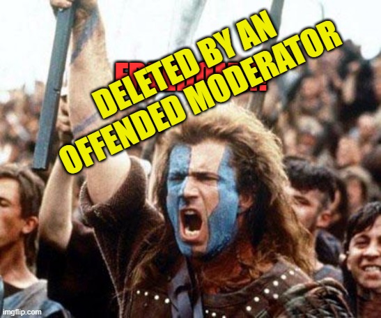 braveheart freedom | DELETED BY AN OFFENDED MODERATOR; FREEDOM!!! | image tagged in braveheart freedom | made w/ Imgflip meme maker