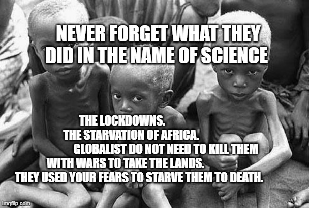 starving africans | NEVER FORGET WHAT THEY DID IN THE NAME OF SCIENCE; THE LOCKDOWNS.                     THE STARVATION OF AFRICA.            
                   GLOBALIST DO NOT NEED TO KILL THEM WITH WARS TO TAKE THE LANDS.                    THEY USED YOUR FEARS TO STARVE THEM TO DEATH. | image tagged in starving africans | made w/ Imgflip meme maker