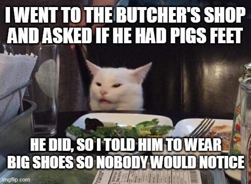 Good Mental Note for the Future |  I WENT TO THE BUTCHER'S SHOP AND ASKED IF HE HAD PIGS FEET; HE DID, SO I TOLD HIM TO WEAR BIG SHOES SO NOBODY WOULD NOTICE | image tagged in salad cat,meme,memes,humor | made w/ Imgflip meme maker