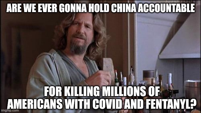 China is responsible. | ARE WE EVER GONNA HOLD CHINA ACCOUNTABLE; FOR KILLING MILLIONS OF AMERICANS WITH COVID AND FENTANYL? | image tagged in big lebowski dude | made w/ Imgflip meme maker
