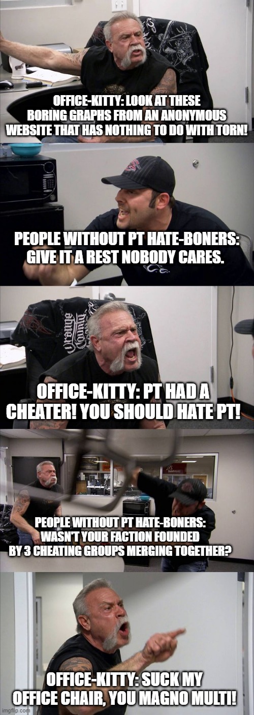 American Chopper Argument Meme | OFFICE-KITTY: LOOK AT THESE BORING GRAPHS FROM AN ANONYMOUS WEBSITE THAT HAS NOTHING TO DO WITH TORN! PEOPLE WITHOUT PT HATE-BONERS: GIVE IT A REST NOBODY CARES. OFFICE-KITTY: PT HAD A CHEATER! YOU SHOULD HATE PT! PEOPLE WITHOUT PT HATE-BONERS: WASN'T YOUR FACTION FOUNDED BY 3 CHEATING GROUPS MERGING TOGETHER? OFFICE-KITTY: SUCK MY OFFICE CHAIR, YOU MAGNO MULTI! | image tagged in memes,american chopper argument | made w/ Imgflip meme maker